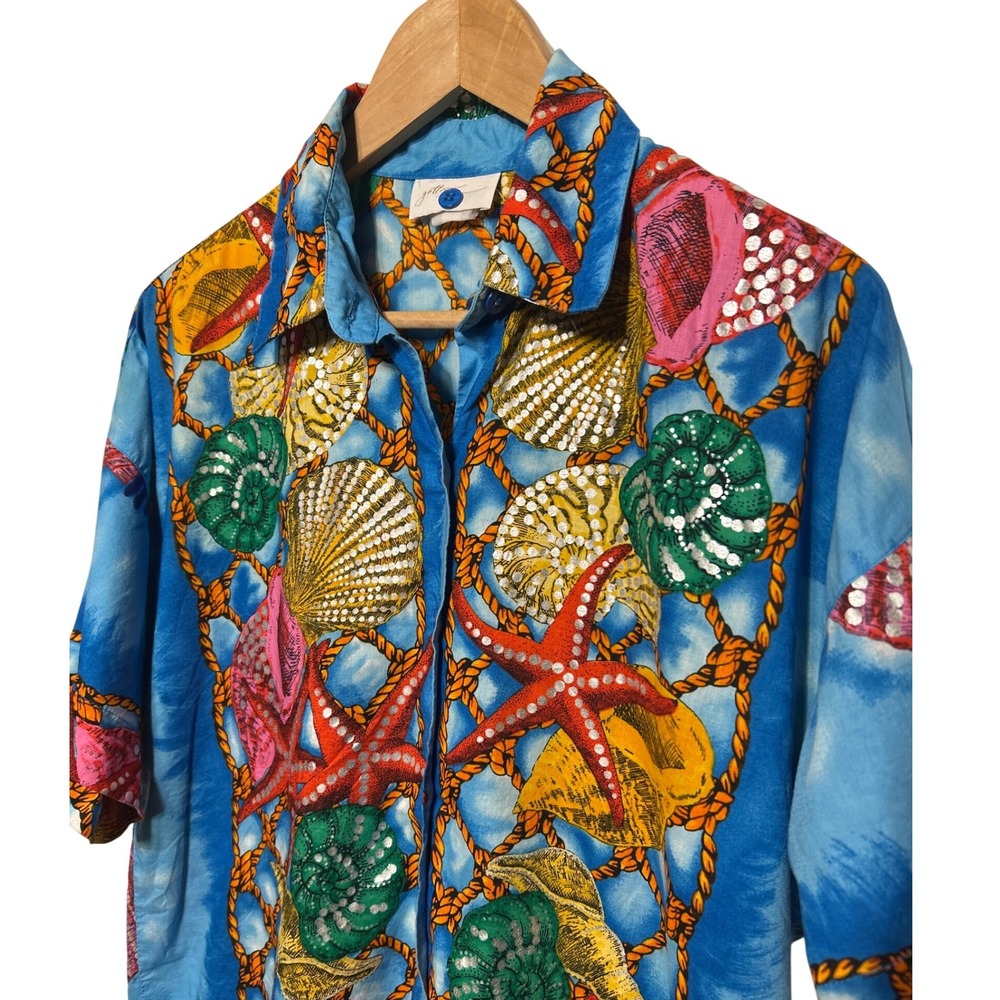 Gottex Tropical Seashell Starfish Button Up Short Sleeve Hawaiian Shirt Size‎ L